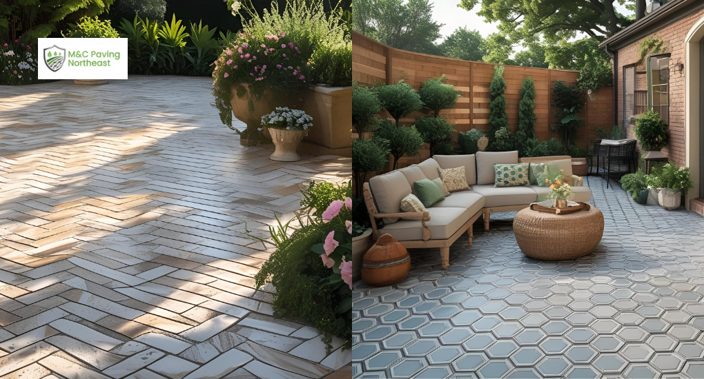 Hexagon and Herringbone Porcelain patio Tiles