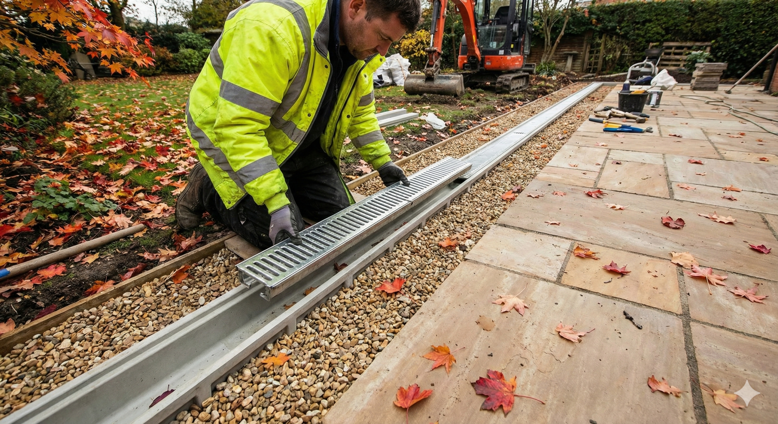 Adding drainage channels in autumn prevents winter water build-up and protects the patio foundation.