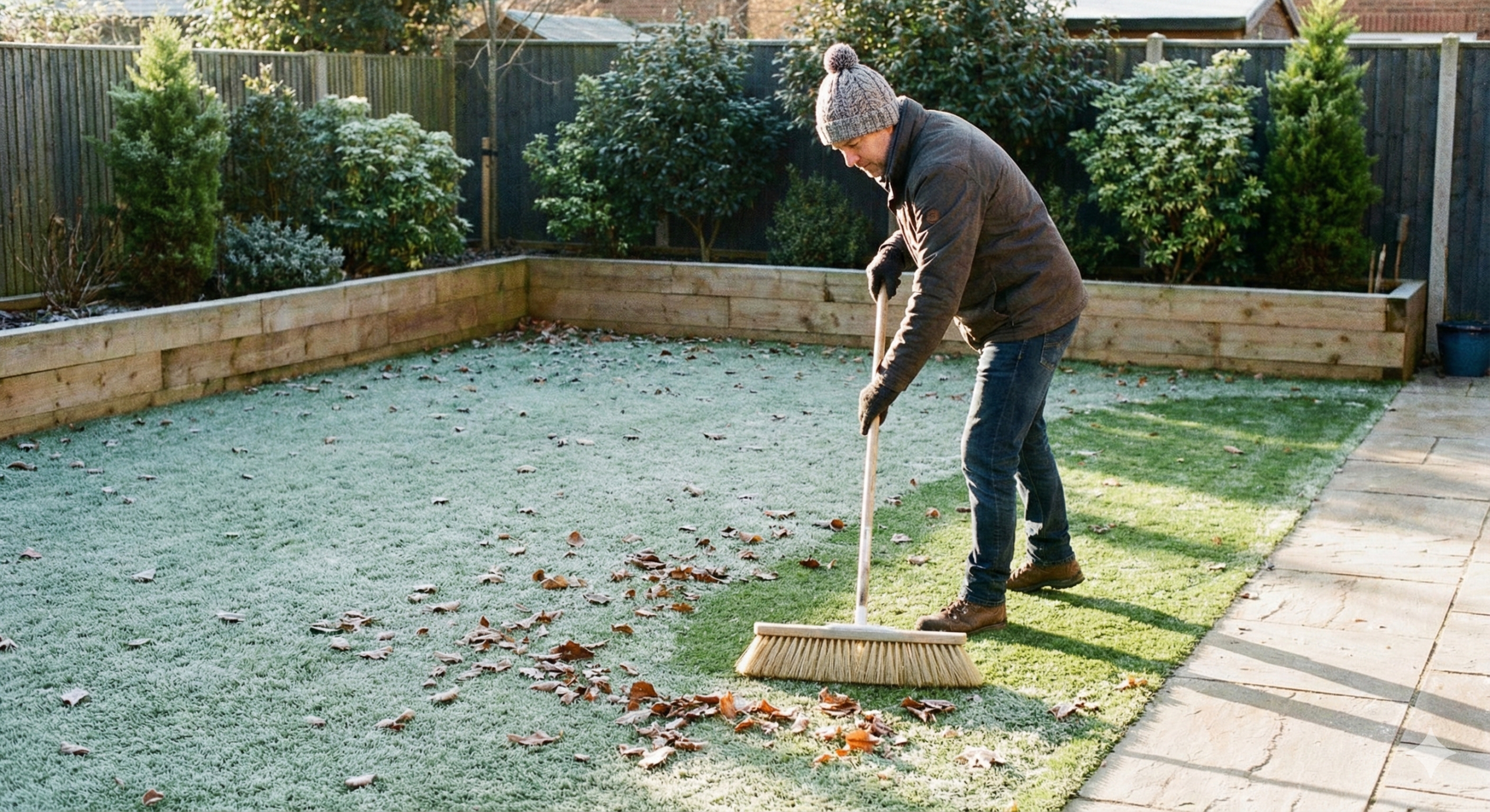 Regular brushing and clearing leaves helps artificial grass stay clean, bright, and well-drained throughout winter.