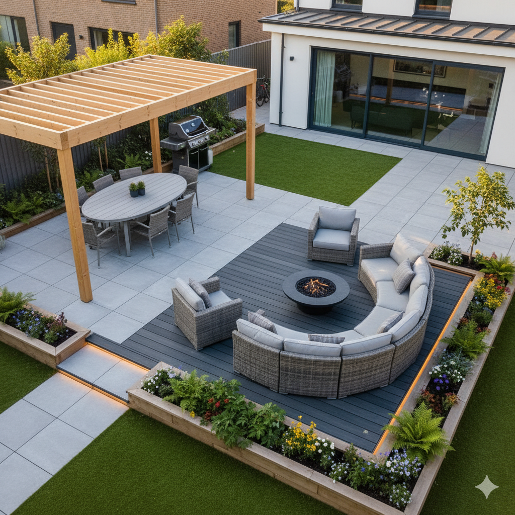 Zoned layouts create versatile patios that work for dining, relaxing, and family time all in one space.