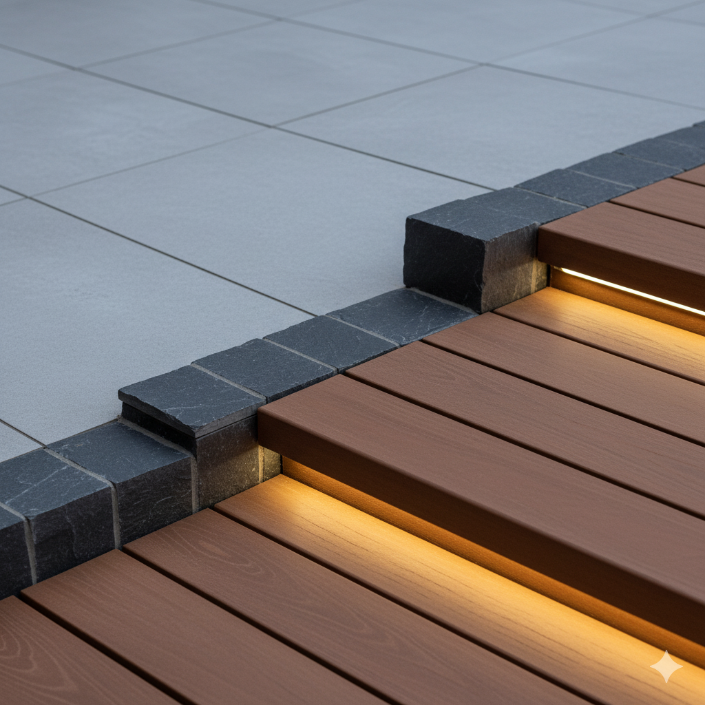 Combining materials and subtle lighting transforms a plain patio into a standout outdoor feature.