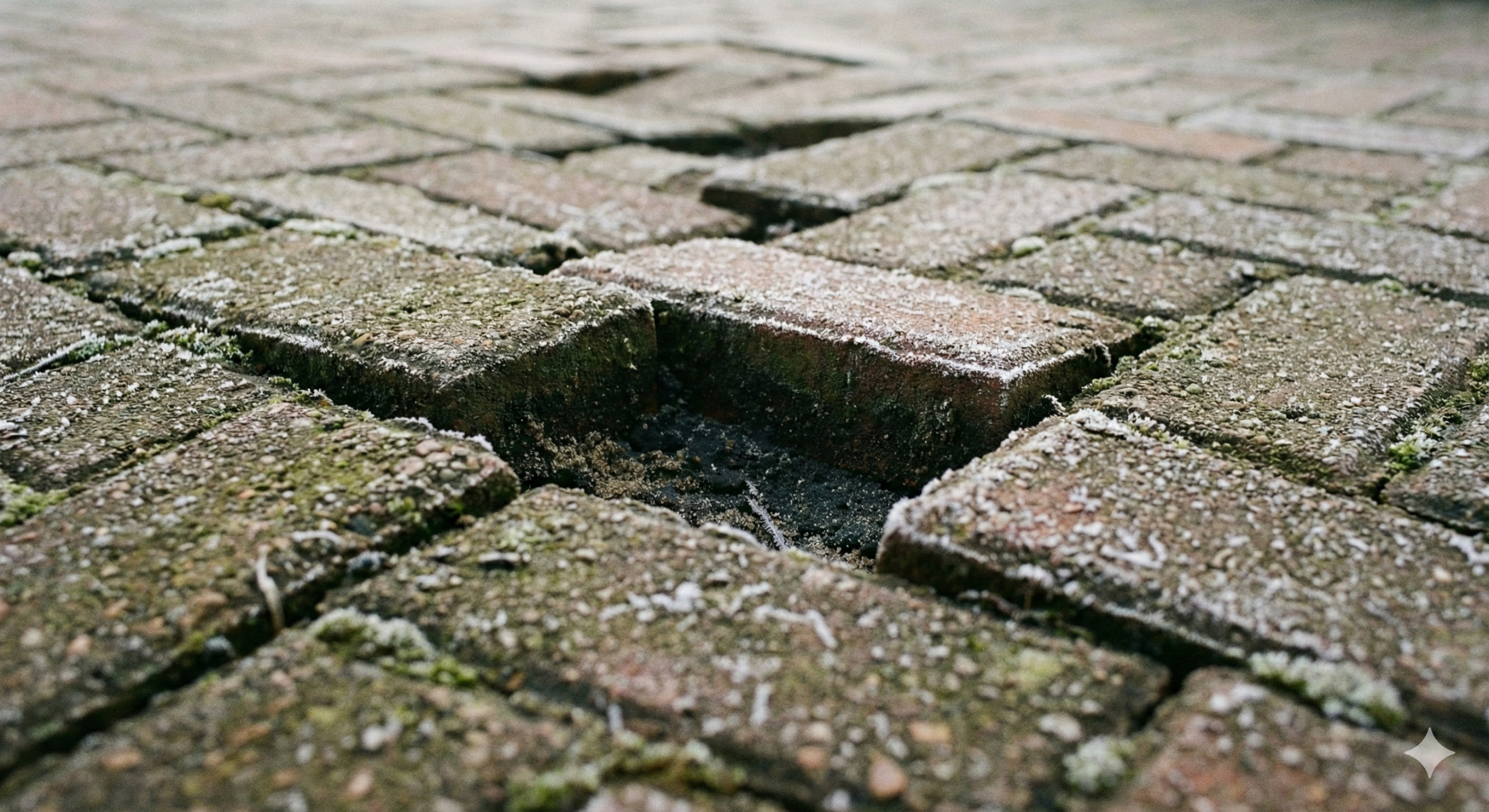 Freeze–thaw movement forces blocks apart as moisture expands beneath the surface. Over time, joints lose stability and paving begins to shift and sink.