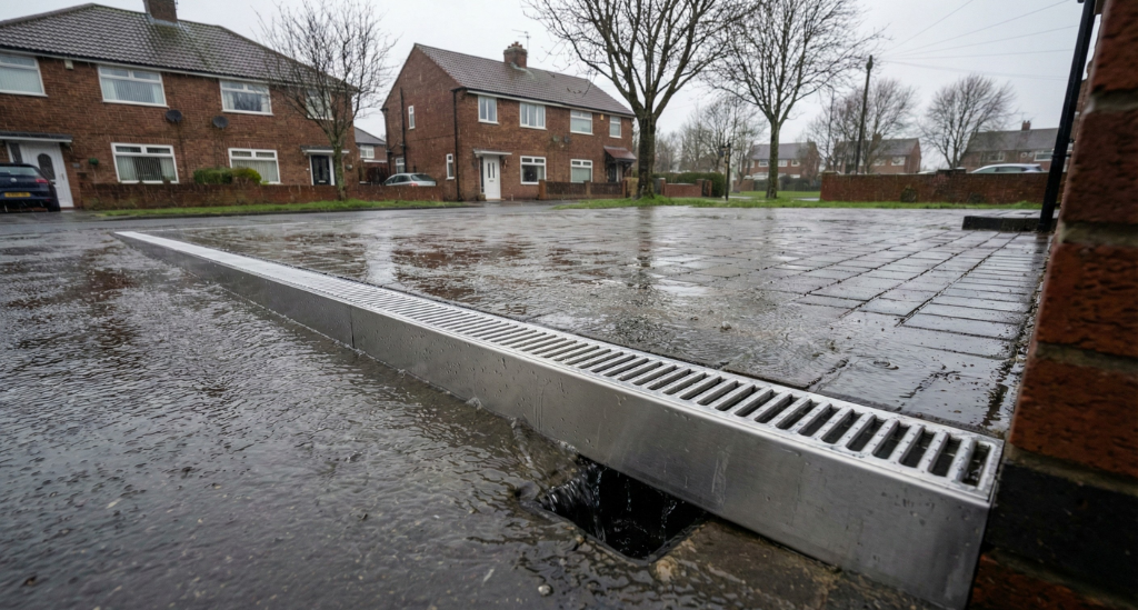 Well-designed drainage channels help manage heavy winter rain by directing water away from surfaces and nearby buildings.
