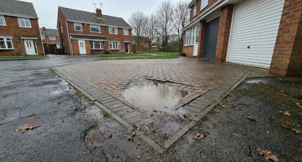 Water trapped beneath driveways weakens the sub-base during winter, leading to sinking and uneven surfaces.