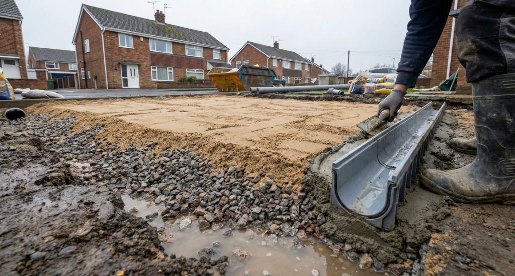 Correct groundwork and drainage prevent water build-up beneath driveways, stopping winter sinking before it starts.