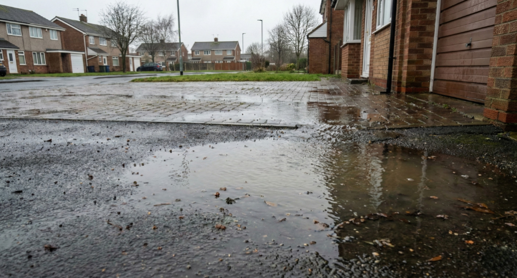 Poor drainage becomes obvious in January, when lingering water highlights areas at risk of winter damage.