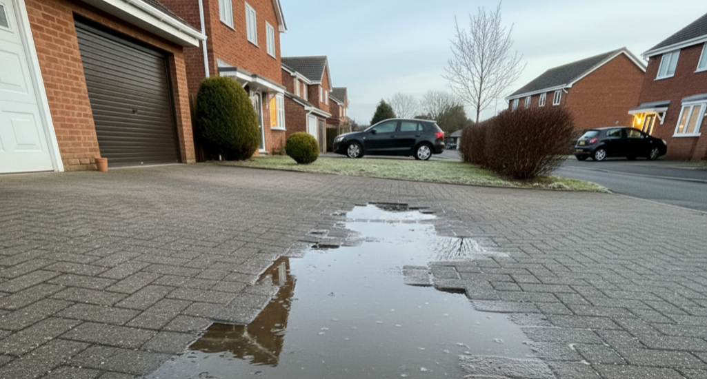 Poor drainage allows water to pool and penetrate driveway surfaces, increasing freeze–thaw damage throughout winter.