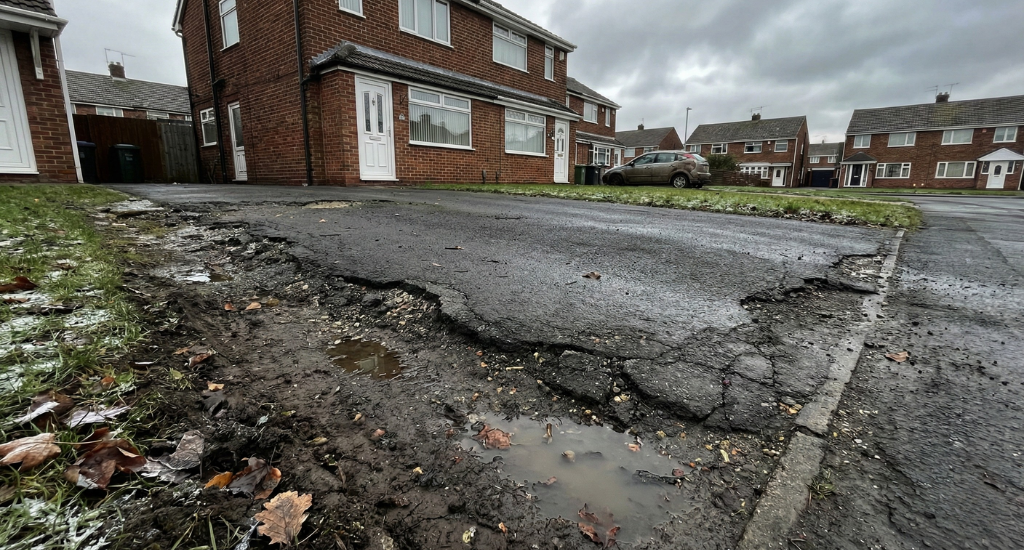 Water collects along driveway edges, weakening the ground beneath and causing early cracking and crumbling.