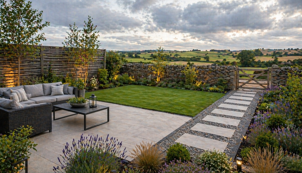 Newly landscaped garden with countryside view