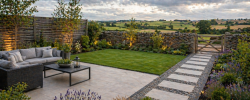 Newly landscaped garden with countryside view