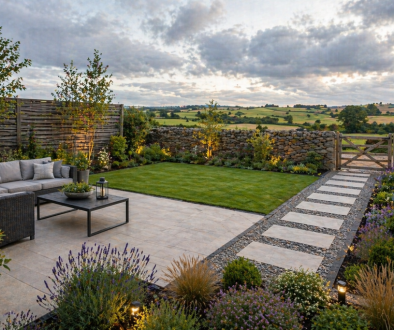 Newly landscaped garden with countryside view