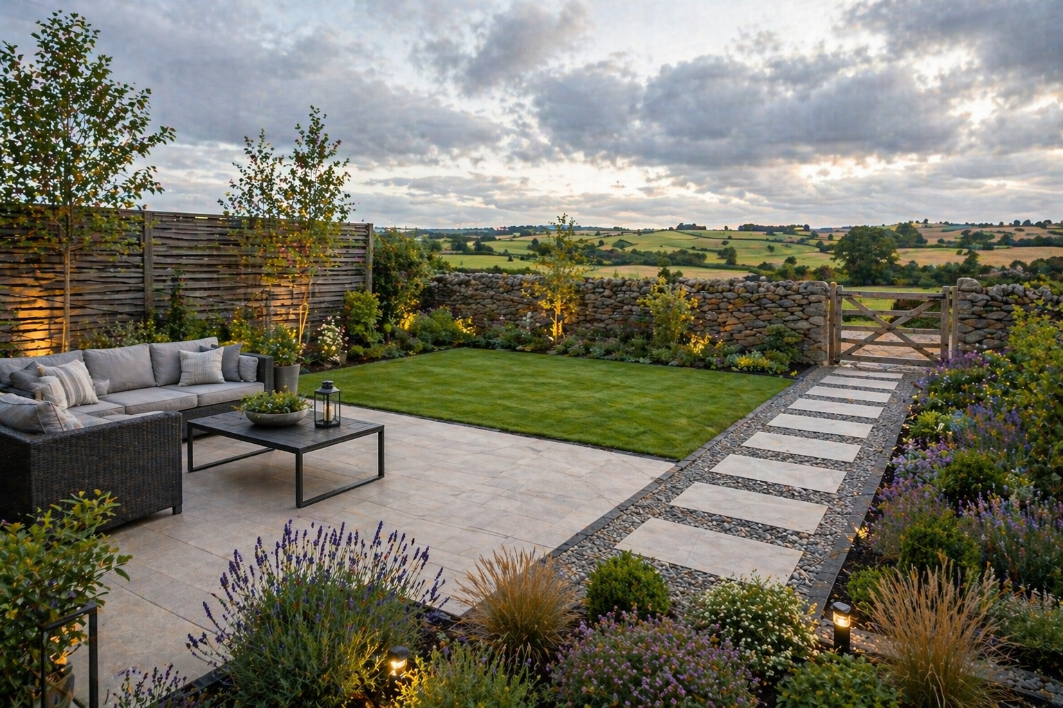 Newly landscaped garden with countryside view