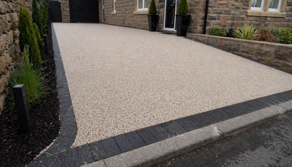 Modern stone house with resin driveway