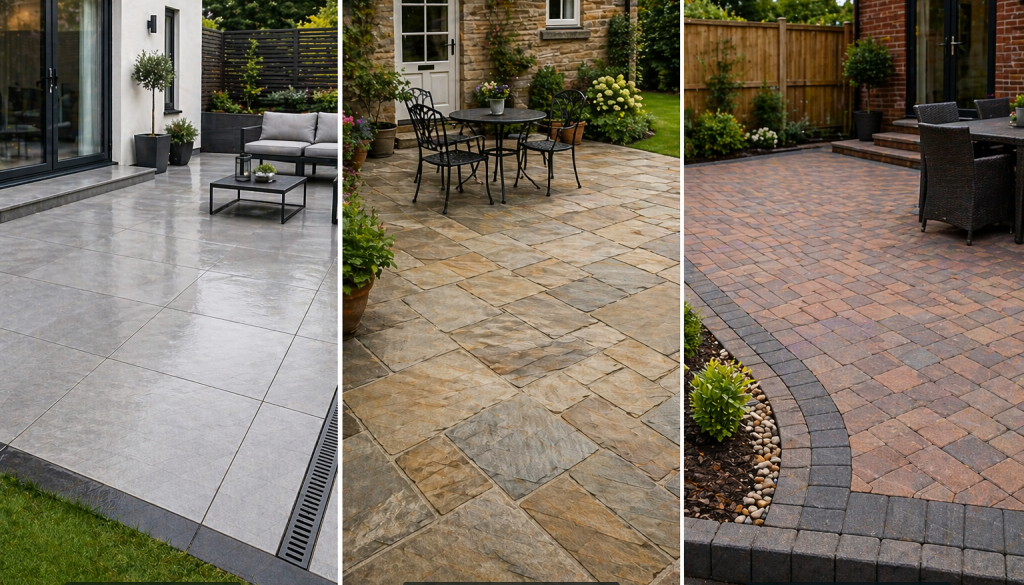 Patio surface comparisons: porcelain, stone, paving