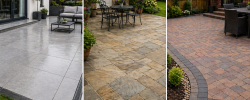 Patio surface comparisons: porcelain, stone, paving