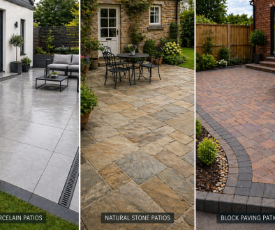 Patio surface comparisons: porcelain, stone, paving