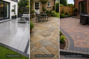 Patio surface comparisons: porcelain, stone, paving