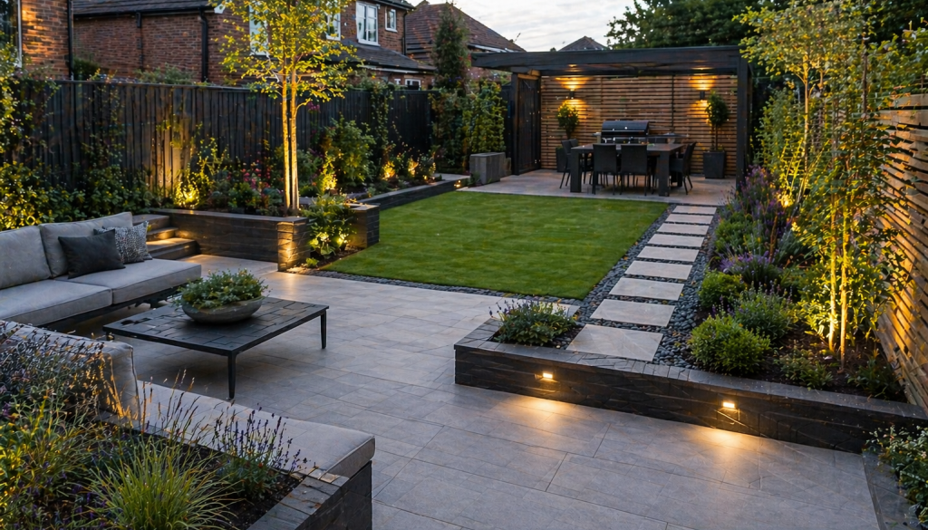 Modern landscape garden at dusk