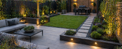 Modern landscape garden at dusk