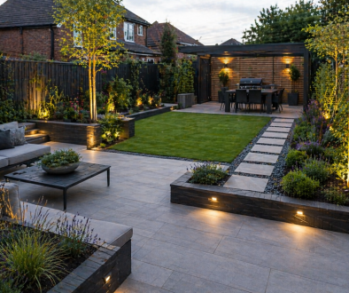 Modern landscape garden at dusk