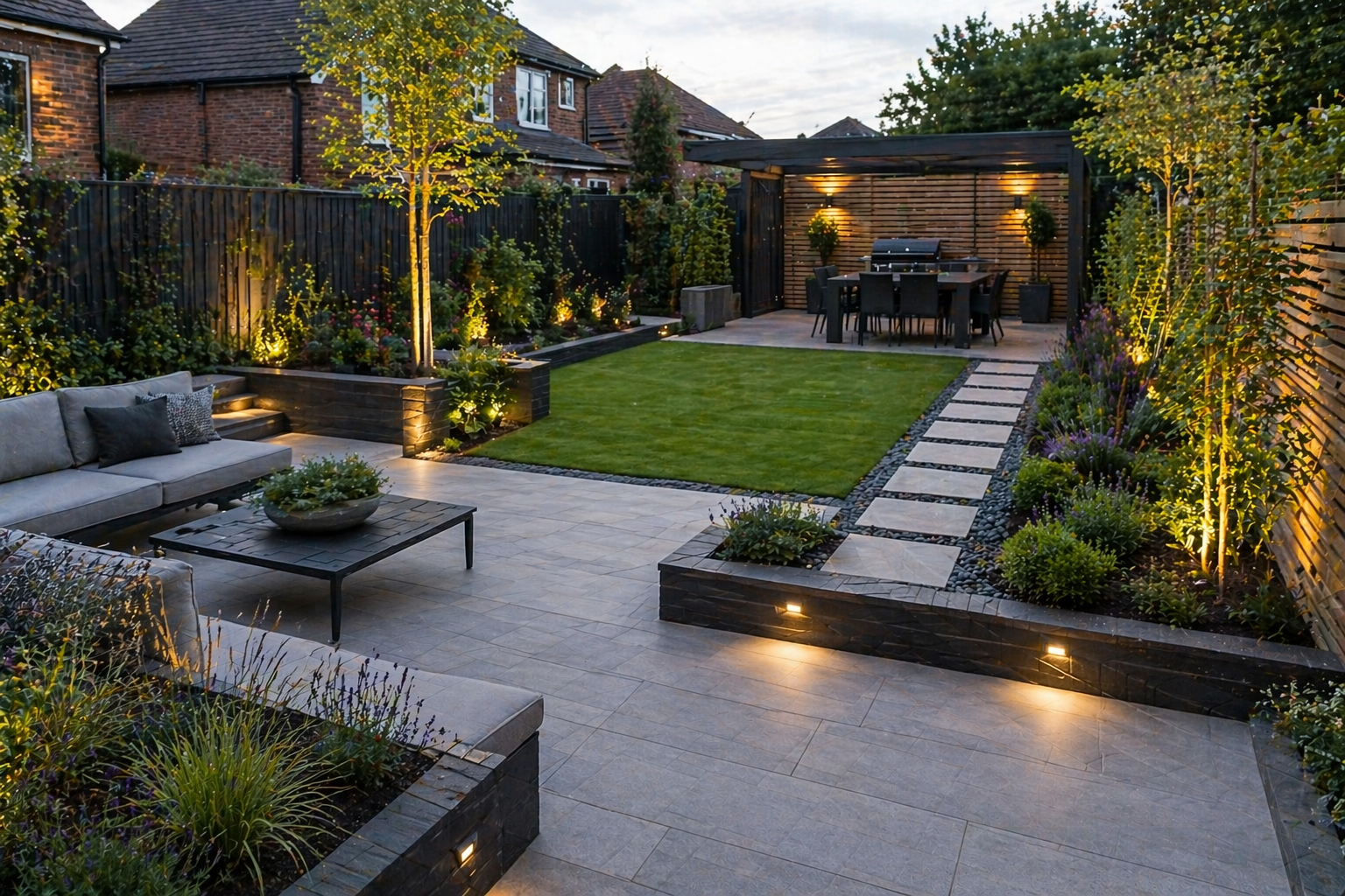 Modern landscape garden at dusk