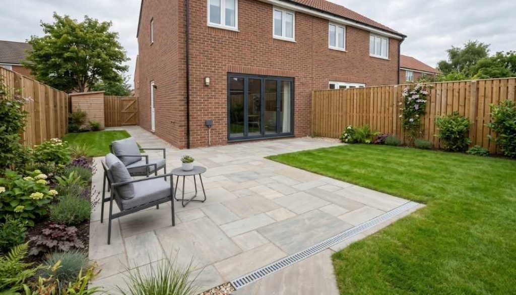 Newly installed patio with simple garden set