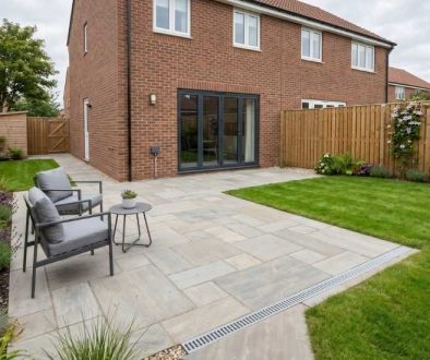 Newly installed patio with simple garden set