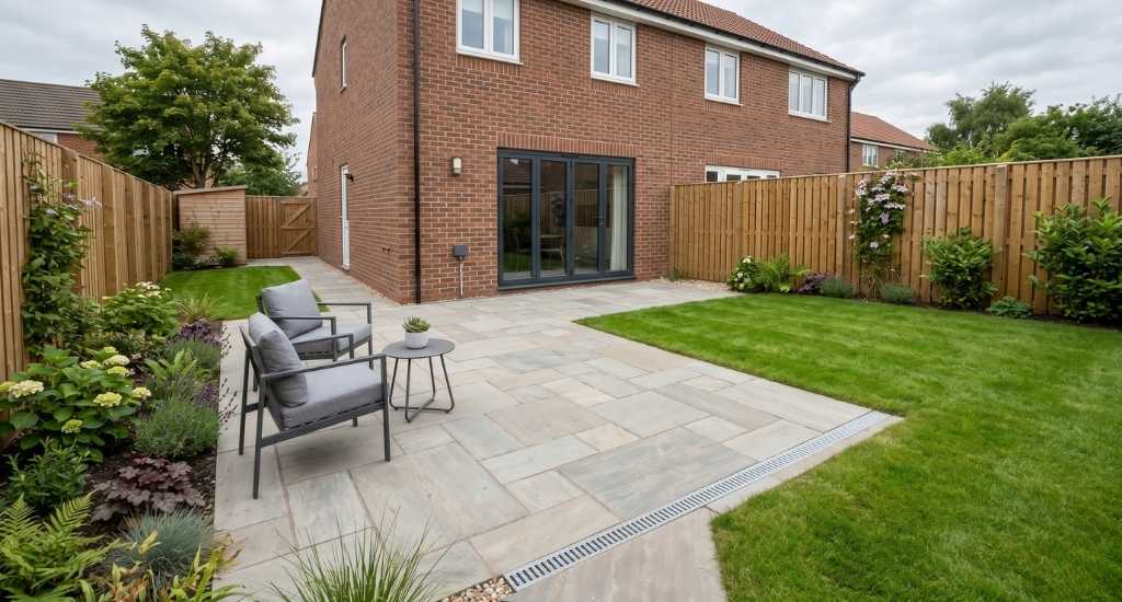 Newly installed patio with simple garden set