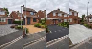 Split-view image showing four different driveway surfaces side by side in a residential UK setting