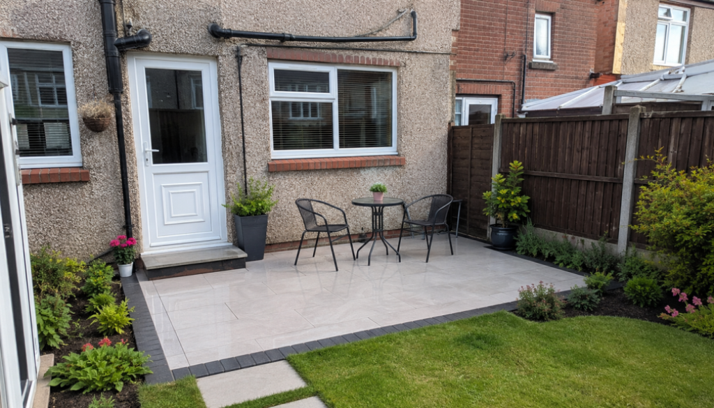 Newly installed porcelain patio in Sunderland