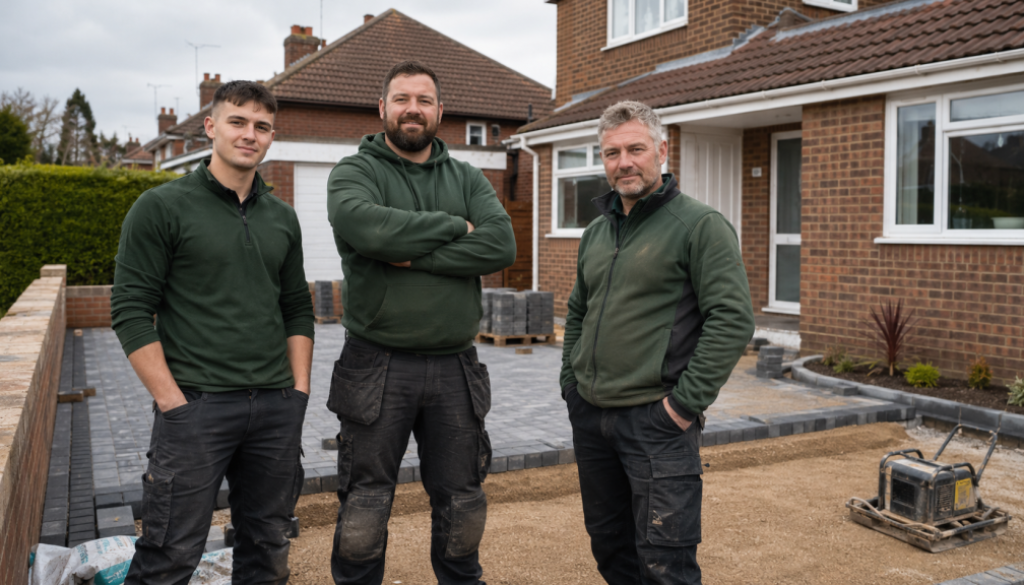 Driveway contractors in front of a driveway installation