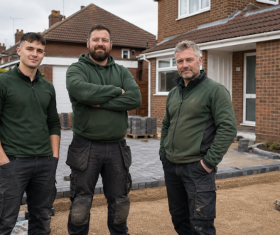 Driveway contractors in front of a driveway installation