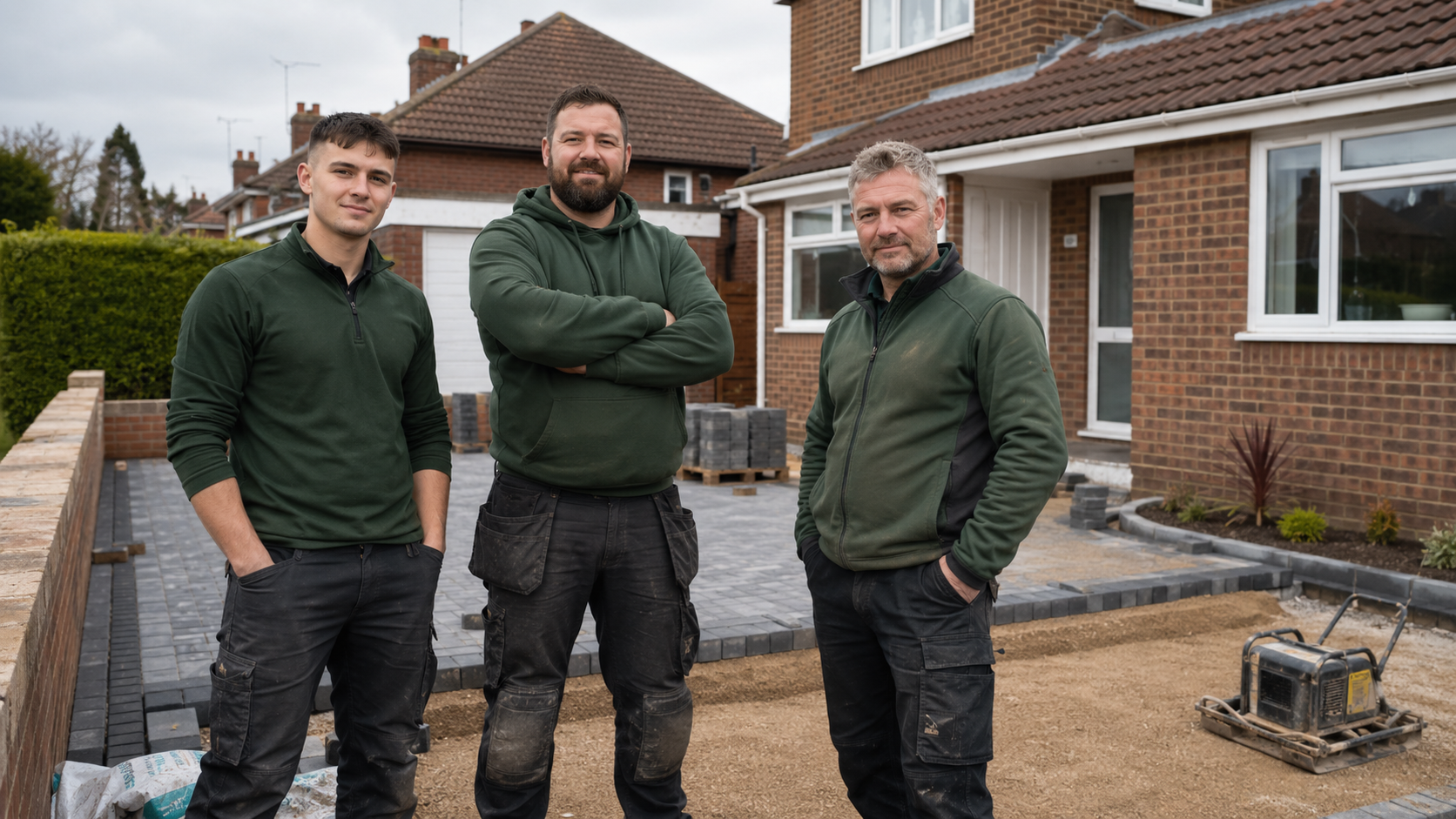 Driveway contractors in front of a driveway installation