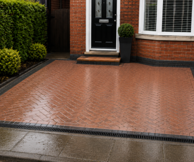 Newly installed block paving with steps and drainage