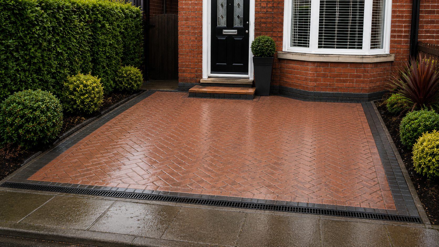 Newly installed block paving with steps and drainage