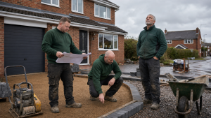 Paving a driveway under cloudy skies