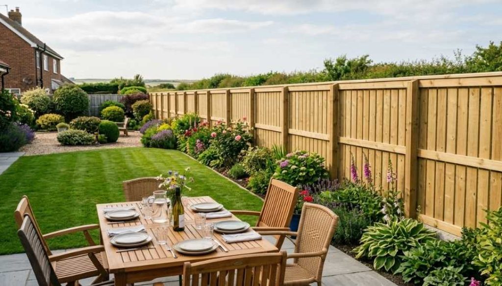 A freshly installed timber fence running along the edge of a tidy North East back garden on a bright summer afternoon