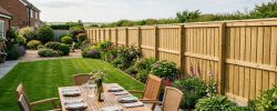 A freshly installed timber fence running along the edge of a tidy North East back garden on a bright summer afternoon