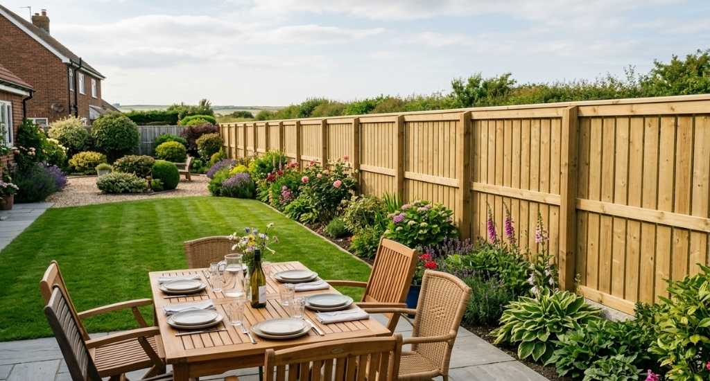 A freshly installed timber fence running along the edge of a tidy North East back garden on a bright summer afternoon