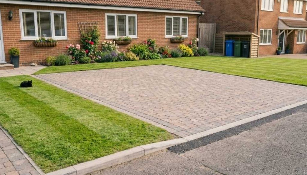 A neat North East front garden part-converted into an off-street parking space on a sunny July day