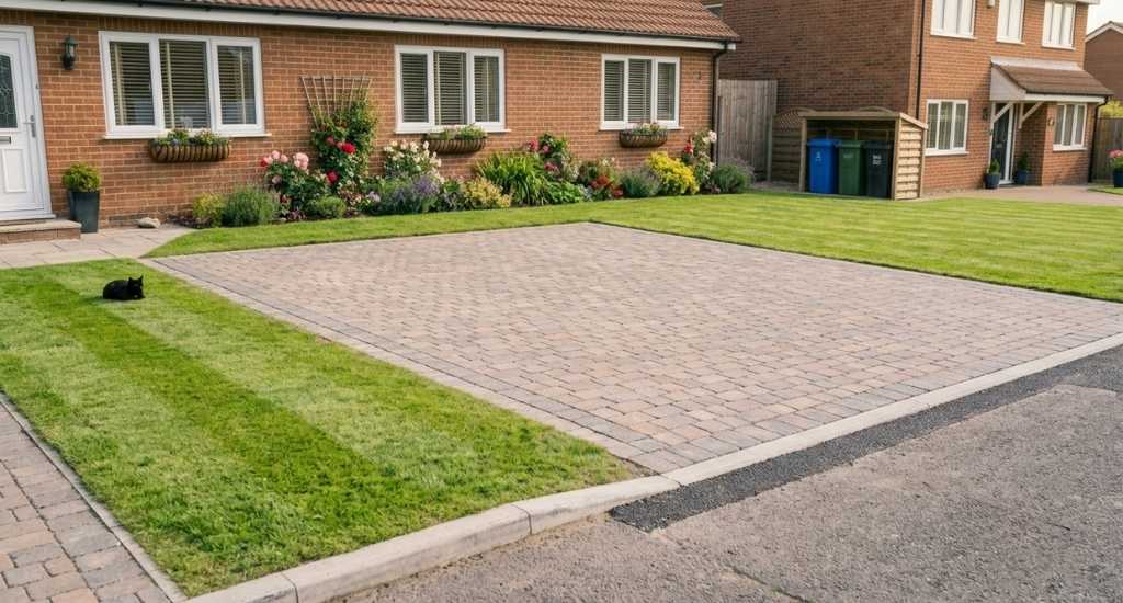 A neat North East front garden part-converted into an off-street parking space on a sunny July day