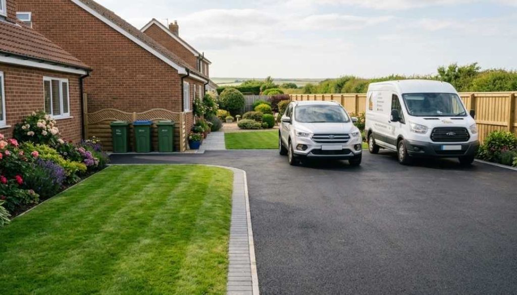 A smooth, freshly laid black tarmac driveway in front of a typical North East semi-detached home on a bright July day