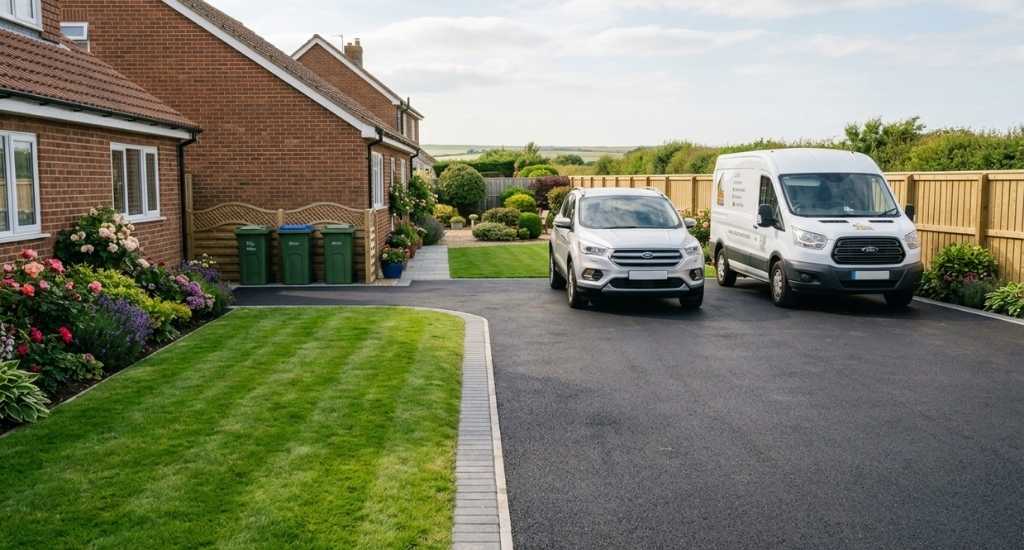 A smooth, freshly laid black tarmac driveway in front of a typical North East semi-detached home on a bright July day