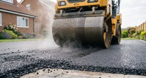Close-up of a steamroller compacting fresh black tarmac on a residential driveway