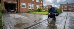 Contractor inspecting puddles and a channel drain on a driveway after a July shower