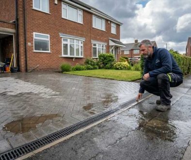 Contractor inspecting puddles and a channel drain on a driveway after a July shower
