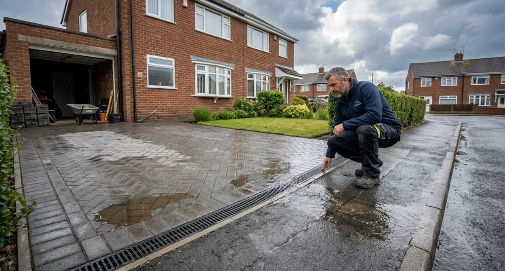 Contractor inspecting puddles and a channel drain on a driveway after a July shower
