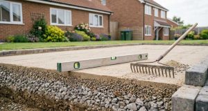 Cross-section style photograph of a driveway excavation showing compacted sub-base layers of stone before the tarmac top layer is applied