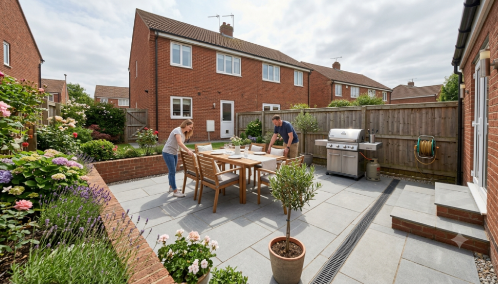 Homeowner checking a paved patio prepared for a summer BBQ and guests