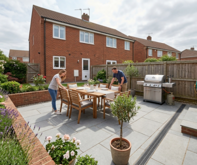 Homeowner checking a paved patio prepared for a summer BBQ and guests